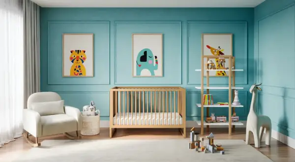 A serene nursery with cute baby boy nursery themes. A rocking chair, crib, and shelves filled with toys create a playful yet calming space.