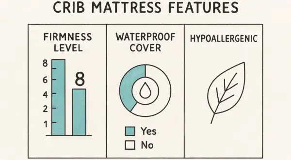 Infographic on how to pick a crib mattress: firmness level chart, waterproof cover icon, and hypoallergenic leaf symbol.