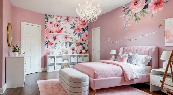 Charming baby girls room designs featuring a pink velvet bed, floral wallpaper, and a crystal chandelier.
