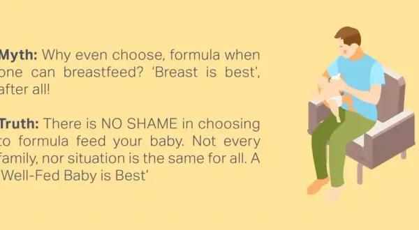 A father bottle-feeds his baby, illustrating the positives of formula feeding and emphasizing that a well-fed baby is best, regardless of feeding method.