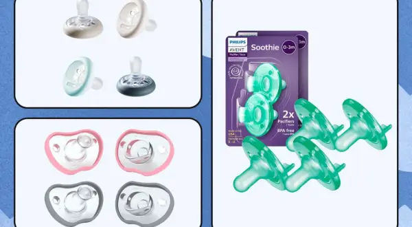 Philips Avent Soothie pacifiers, often considered the best pacifier for lip tie due to their one-piece silicone design, are shown in various colors.