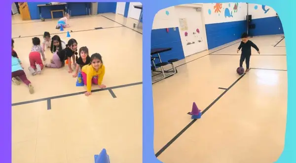 Children practice gross motor skills activities in school, crawling through an obstacle course and kicking a soccer ball.
