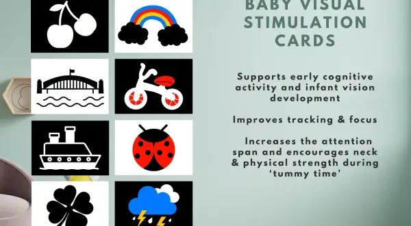Baby visual stimulation cards featuring cherries, rainbow, bridge, bike, ship, ladybug, clover, and storm clouds. Perfect for infant vision development.