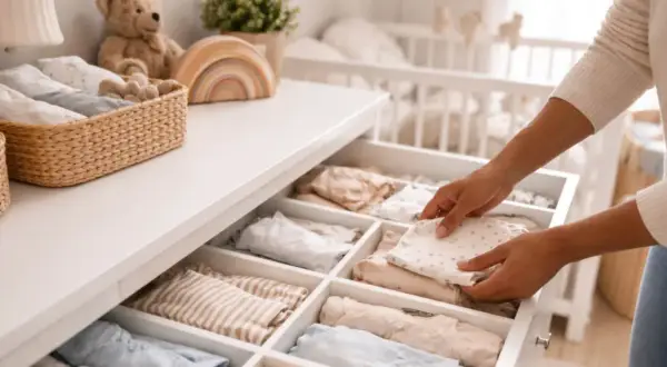 Hands neatly folding baby clothes in a drawer organizer, a perfect example of how to organize baby clothes for a tidy nursery.