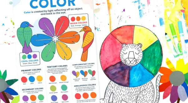 A colorful chart for learning colors for babies, featuring a flower petal color wheel, birds, and a lion with a rainbow mane.