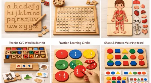 Montessori toys vs regular toys: wooden alphabet board, math board, anatomy puzzle, phonics kit, fraction circles, and shape matching.