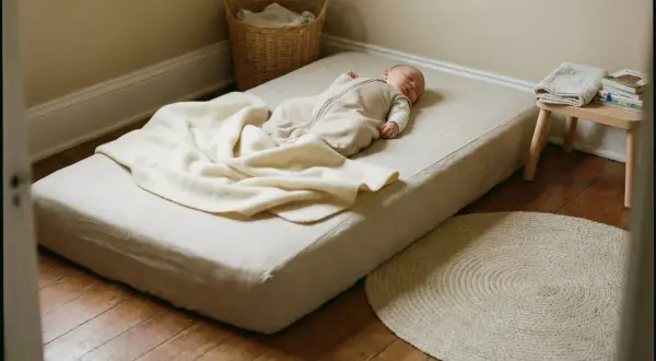 A baby sleeps peacefully on a floor bed, a simple mattress placed directly on the wooden floor, covered with a soft blanket.