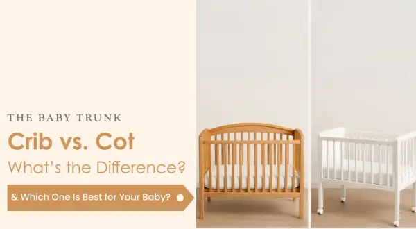 A wooden crib and a white cot are shown side-by-side, with text asking "Crib vs. Cot: What's the Difference?".