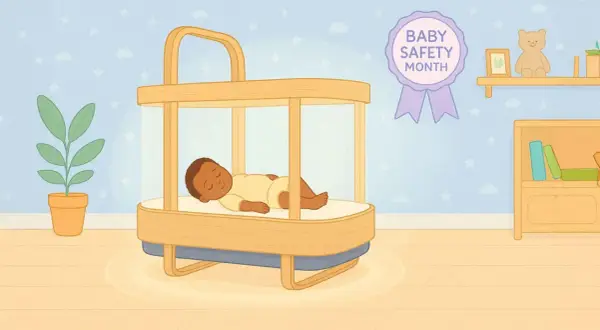 A baby sleeps soundly in a safe, modern bed. This illustration celebrates Baby Safety Month, reminding us to prioritize our little ones' well-being.