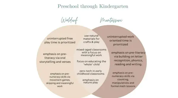 Venn diagram comparing Waldorf vs Montessori early childhood education, highlighting differences in play, literacy, and numeracy approaches.