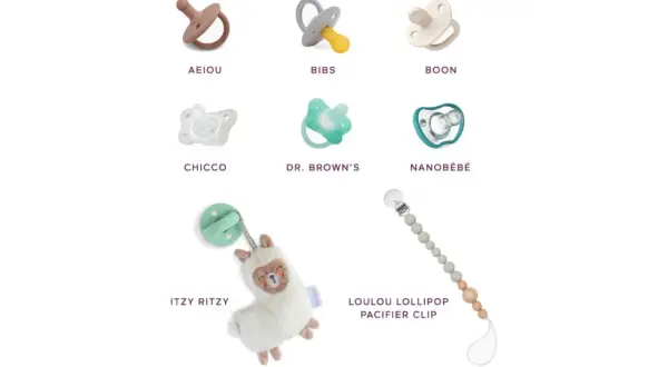 Discover the best binky for teeth development! This image showcases various pacifier brands like BIBS, Boon, and Dr. Brown's, plus a cute llama toy and a pacifier clip.