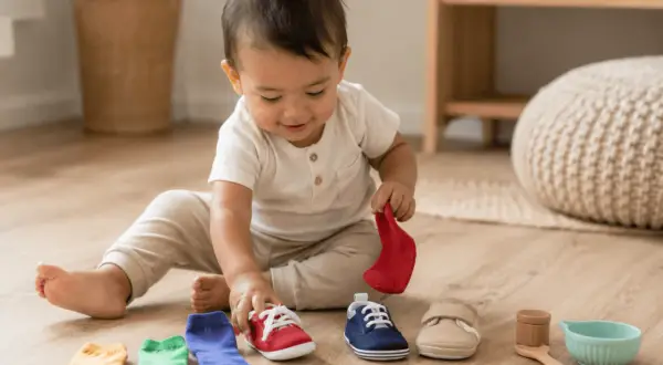 A baby explores colorful socks and shoes, a fun way to entertain a 1-year-old.