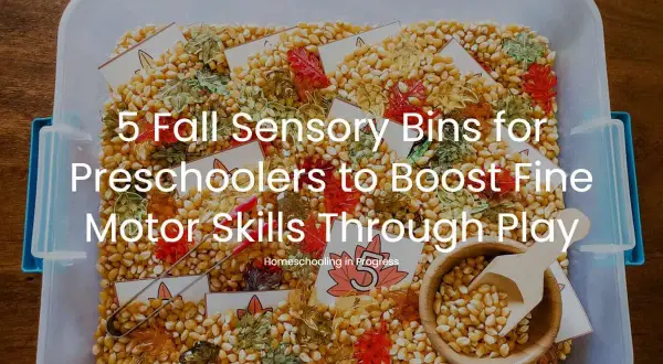 A fall sensory bin filled with corn kernels, colorful leaf cutouts, and tongs. This bin is perfect for preschoolers to explore and develop fine motor skills.