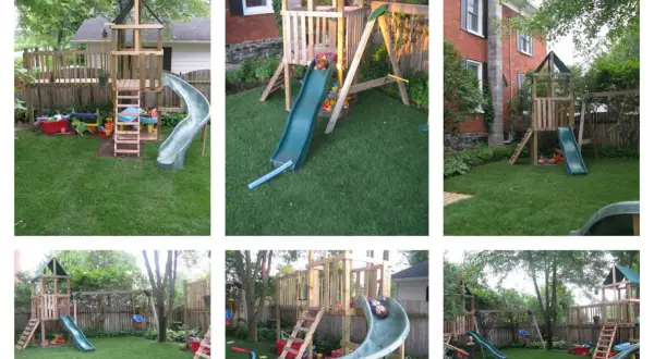 A DIY Montessori playground with wooden structures, slides, and swings, designed for imaginative outdoor play.