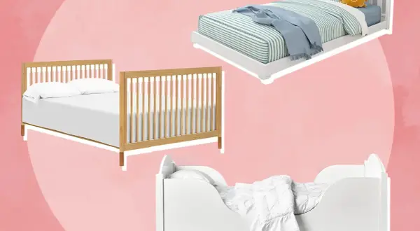 Three beds: a wooden crib, a white toddler bed with rails, and a white toddler bed with a low profile. These options show what kind of bed should a 1 year old be in.