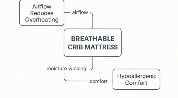 A breathable crib mattress offers airflow to reduce overheating, moisture wicking, and hypoallergenic comfort for a safe and cozy sleep.