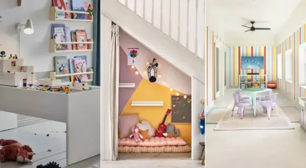 Minimalist playroom ideas: a white play table with toys, a cozy under-stairs nook, and a colorful room with a table and chairs.
