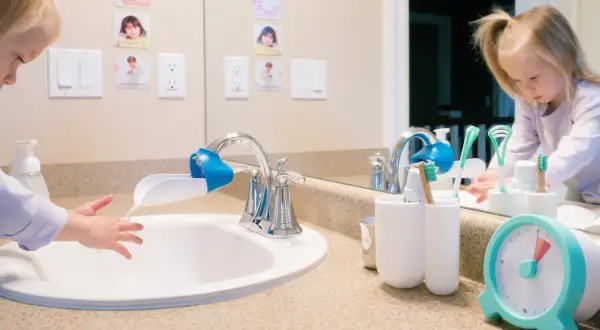 A child washes hands at a sink with a faucet extender, in a Montessori bathroom. Toothbrushes and a timer are nearby.