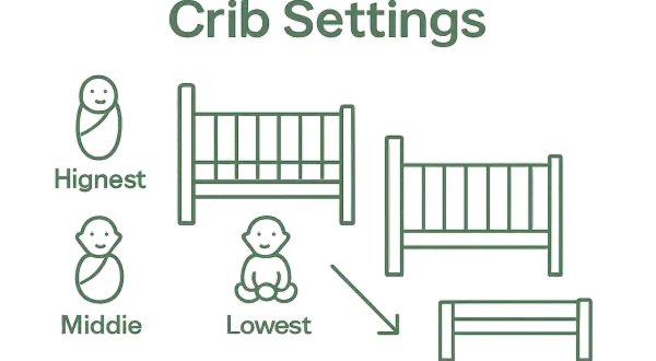 Crib settings show mattress heights: highest for newborns, middle for older babies, and lowest crib mattress to floor for crawlers.