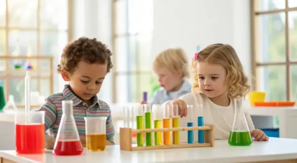 Curious kids engage in fun stem activities for 4 year olds, exploring colorful liquids in a science lab setting.