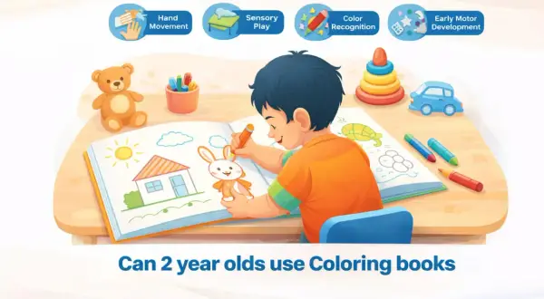 A boy colors a bunny in a book, surrounded by toys. This shows how coloring aids hand movement, sensory play, color recognition, and early motor development for 2 year olds.