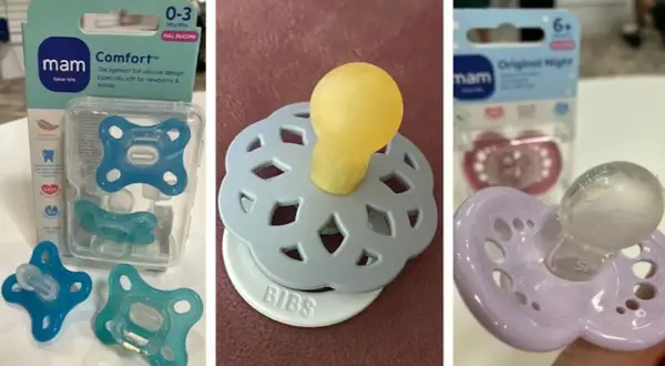 Different pacifiers, including MAM and BIBS brands, are shown. Concerns about do pacifiers interfere with breastfeeding are common.