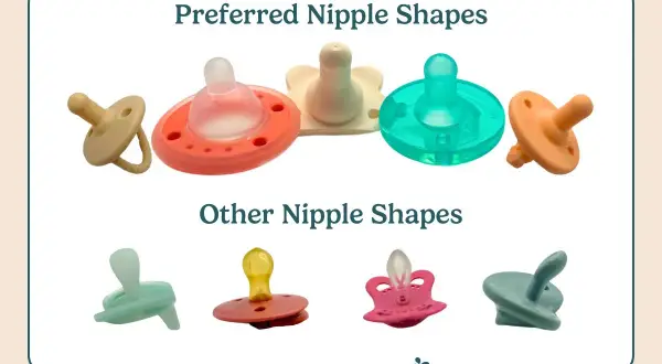 A visual guide to pacifier stages, showcasing preferred nipple shapes and other nipple shapes.