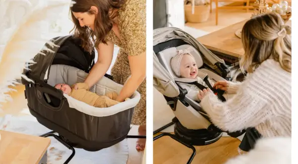 A mother adjusts her baby in a bassinet, mindful of the weight limit. Another mother secures her smiling baby in a stroller seat.