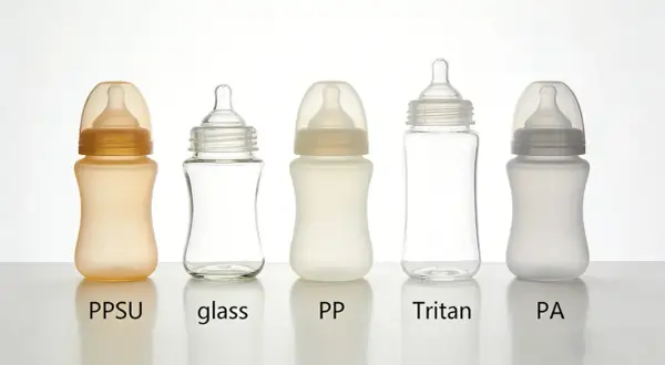 Five baby bottles: PPSU, glass, PP, Tritan, and PA. Choosing plastic baby bottles safe for your little one.