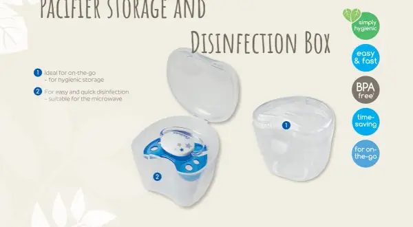 Pacifier storage and disinfection box. Ideal for on-the-go hygienic storage and quick microwave disinfection.