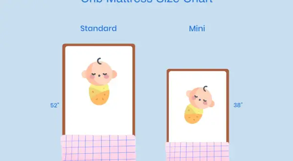Crib mattress size chart showing standard (52"x28") and mini (38"x24") dimensions, each with a cute baby illustration.