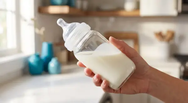 Hand holding a baby bottle filled with milk. The nipple appears to be a fast flow, indicating signs nipple flow is too fast.