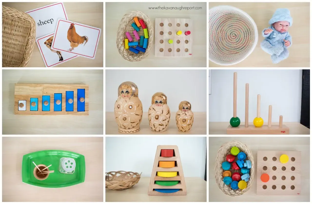 Montessori activities for 18 month old: animal cards, stacking toys, nesting dolls, and fine motor skill games.