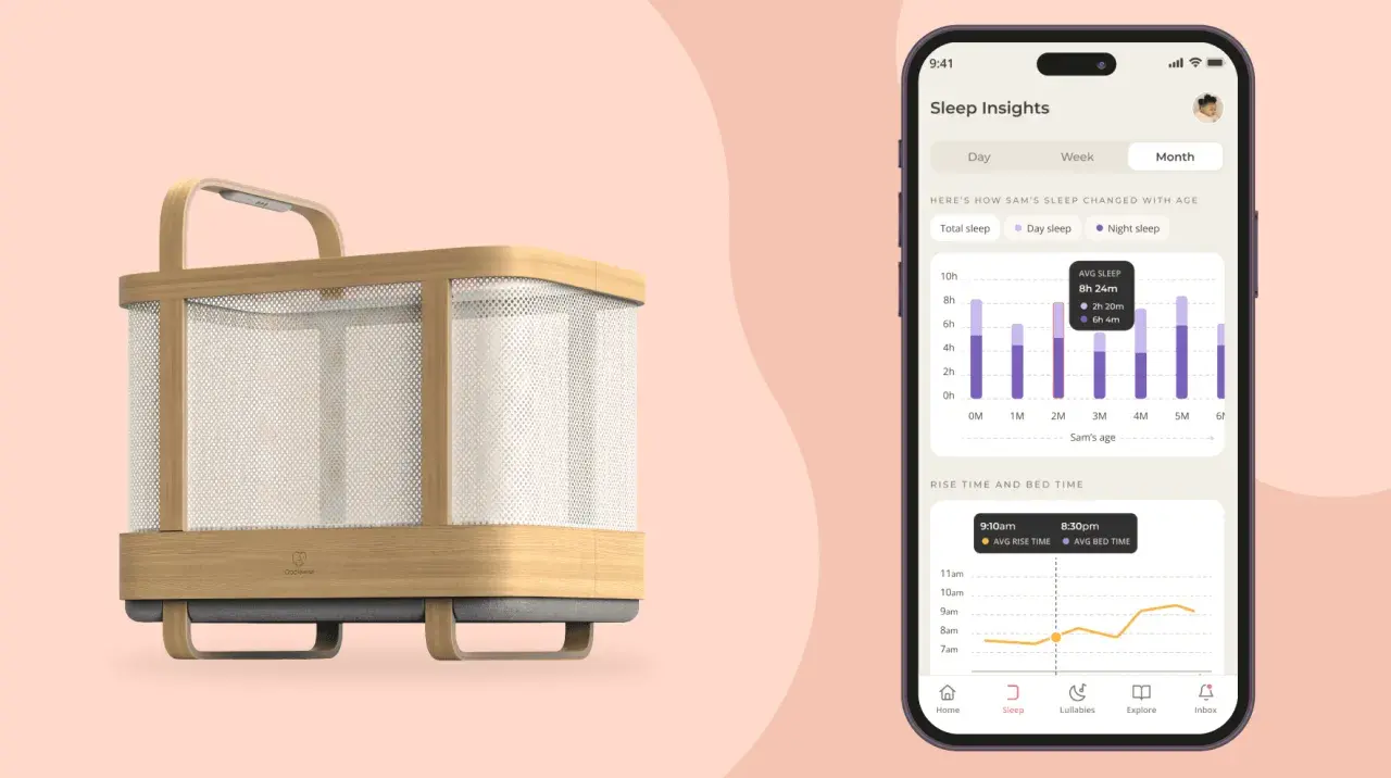 A modern 4 in 1 crib with a phone displaying sleep insights, showing a baby's sleep patterns over time.