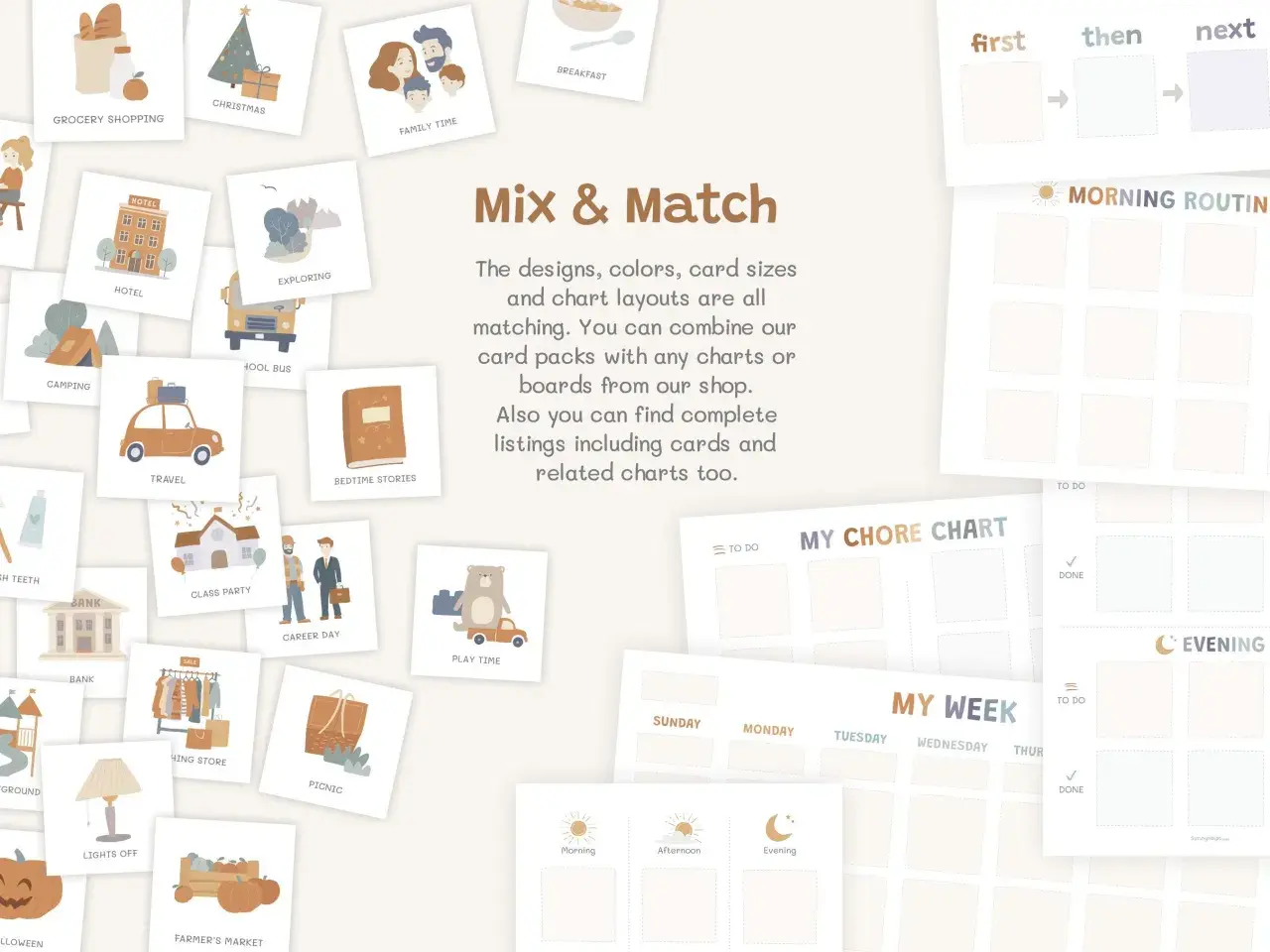 Montessori routine cards with illustrations for daily activities like "Grocery Shopping" and "Play Time," plus charts for "My Week" and "Morning Routine.
