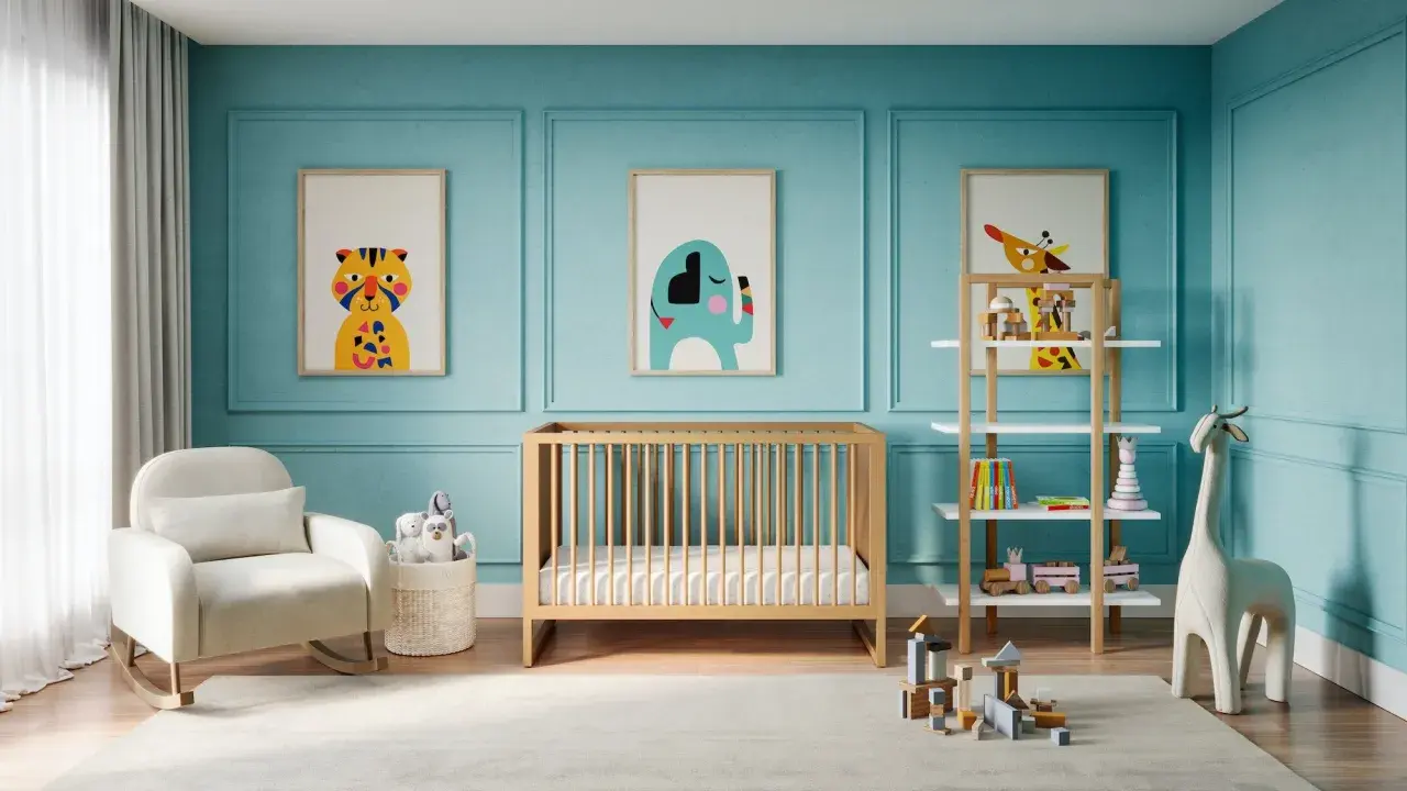 A serene nursery with cute baby boy nursery themes. A rocking chair, crib, and shelves filled with toys create a playful yet calming space.