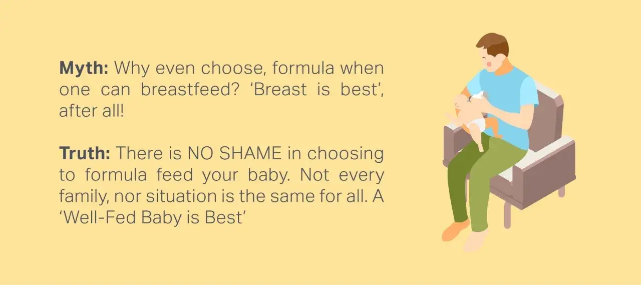 A father bottle-feeds his baby, illustrating the positives of formula feeding and emphasizing that a well-fed baby is best, regardless of feeding method.