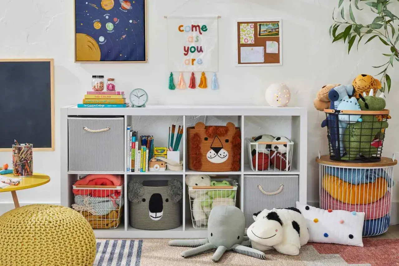 A bright, organized toy room with animal-themed baskets, plush toys, and colorful decor. This space offers great toy room inspiration for keeping things tidy and fun.