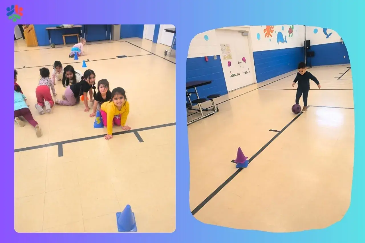 Children practice gross motor skills activities in school, crawling through an obstacle course and kicking a soccer ball.