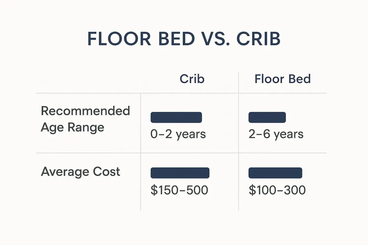 Table comparing floor bed vs. crib: cribs for 0-2 years ($150-500), floor beds for 2-6 years ($100-300).