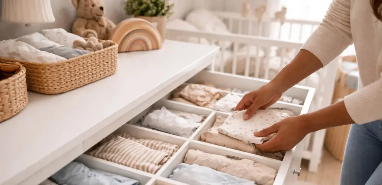 Hands neatly folding baby clothes in a drawer organizer, a perfect example of how to organize baby clothes for a tidy nursery.
