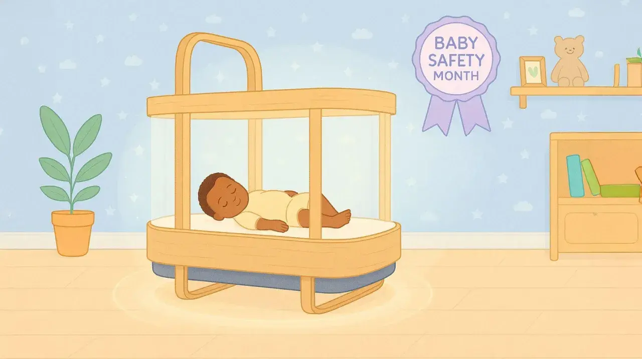 A baby sleeps soundly in a safe, modern bed. This illustration celebrates Baby Safety Month, reminding us to prioritize our little ones' well-being.