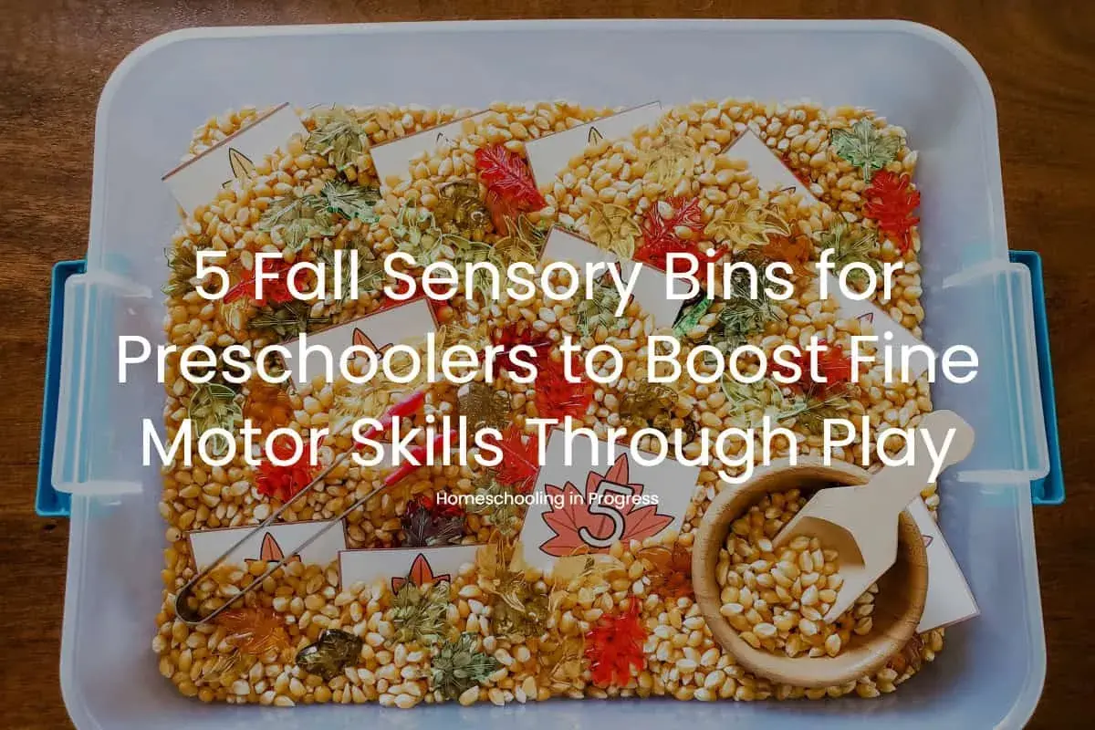 A fall sensory bin filled with corn kernels, colorful leaf cutouts, and tongs. This bin is perfect for preschoolers to explore and develop fine motor skills.