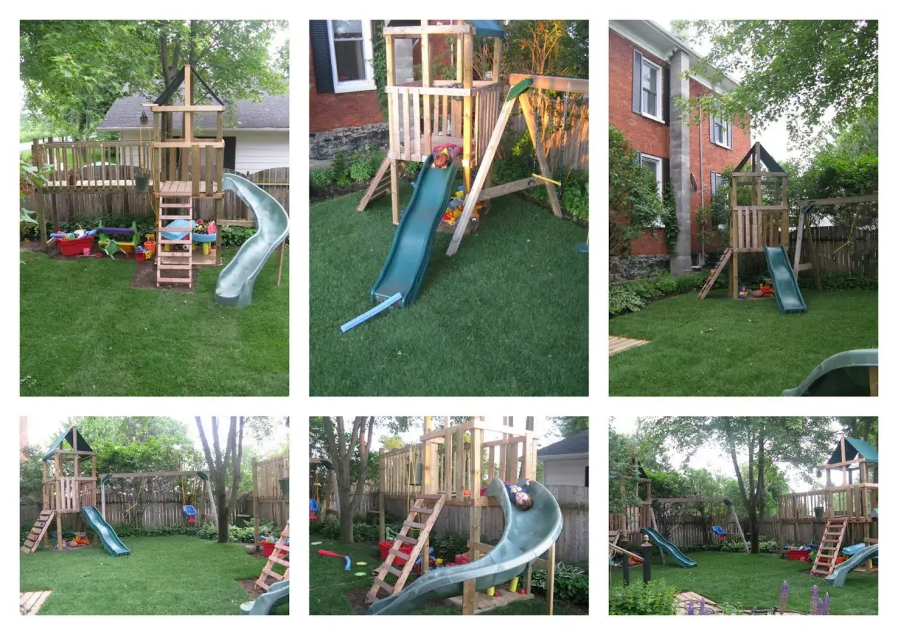 A DIY Montessori playground with wooden structures, slides, and swings, designed for imaginative outdoor play.
