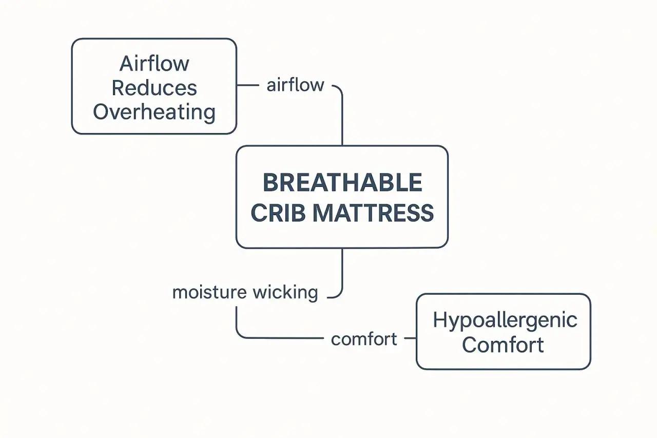 A breathable crib mattress offers airflow to reduce overheating, moisture wicking, and hypoallergenic comfort for a safe and cozy sleep.