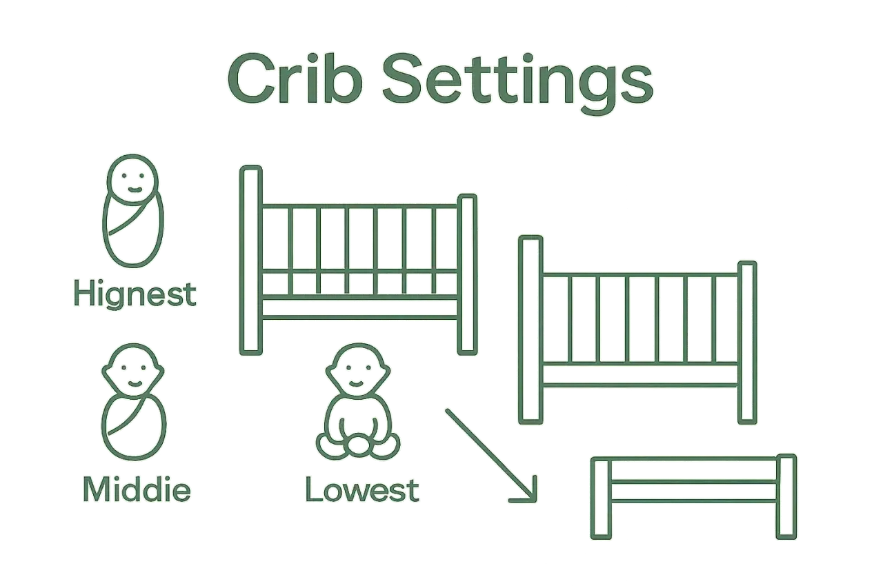 Crib settings show mattress heights: highest for newborns, middle for older babies, and lowest crib mattress to floor for crawlers.