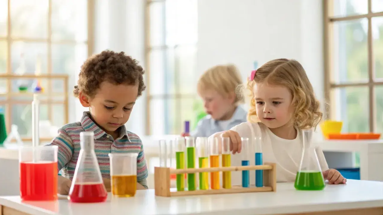 Curious kids engage in fun stem activities for 4 year olds, exploring colorful liquids in a science lab setting.
