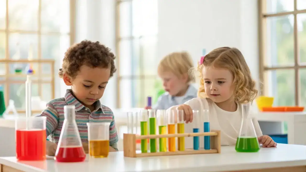Curious kids engage in fun stem activities for 4 year olds, exploring colorful liquids in a science lab setting.