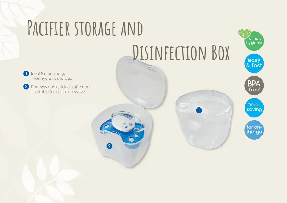 Pacifier storage and disinfection box. Ideal for on-the-go hygienic storage and quick microwave disinfection.