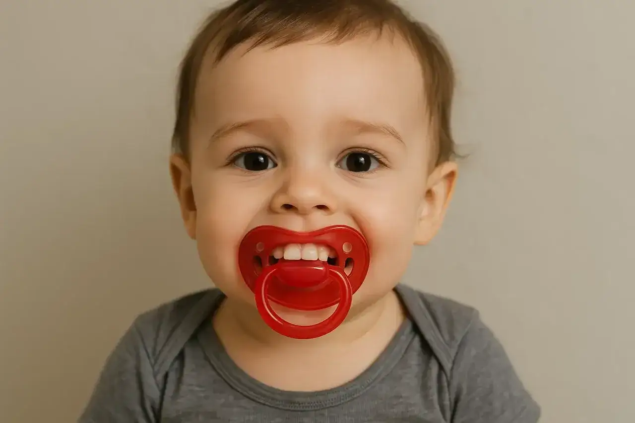 A baby with bright eyes and a pacifier showing off their tiny pacifier teeth.